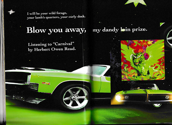 text and images of cars and griffen with wings spread.